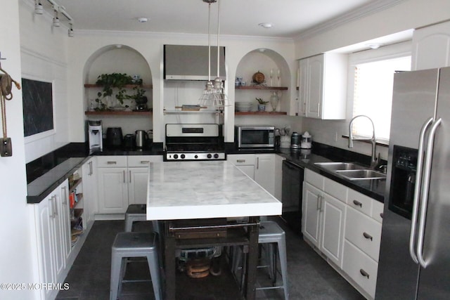 23 Layton Ave, Pine Beach, NJ 08741 - kitchen featuring stainless steel appliances, a sink, crown molding, open shelves, and white cabinets