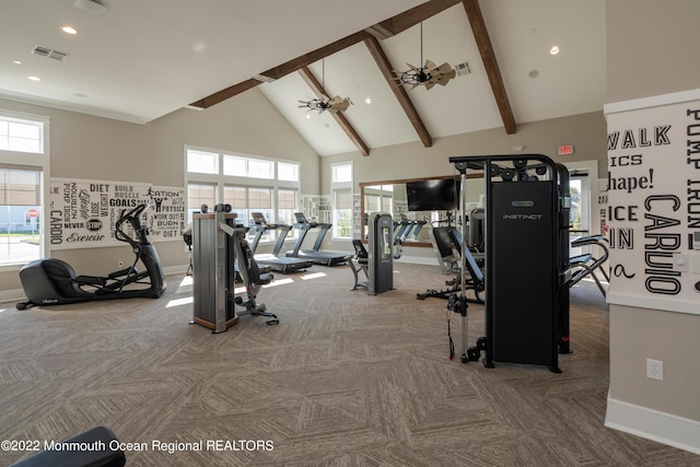 gym with high vaulted ceiling, visible vents, baseboards, and carpet