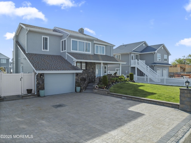 traditional home featuring an attached garage, a front lawn, fence, and a chimney