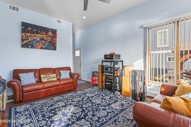 living room featuring ceiling fan, recessed lighting, wood finished floors, and visible vents