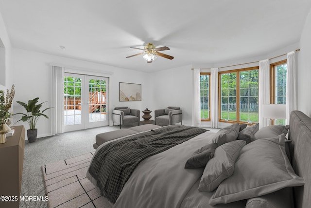 bedroom with french doors, carpet floors, baseboards, ceiling fan, and access to outside