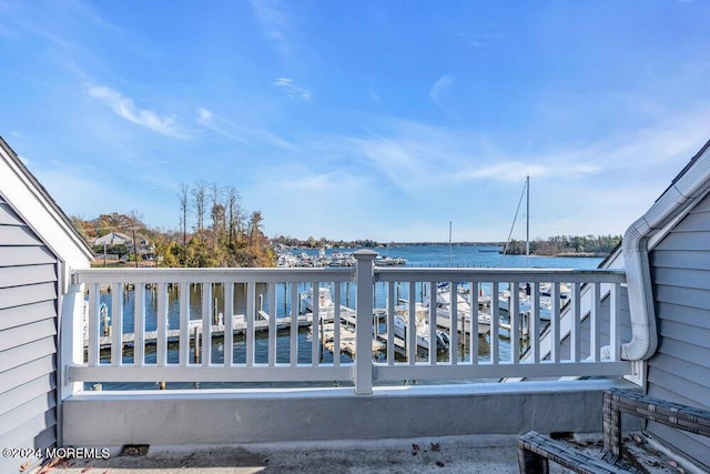 exterior space with a water view