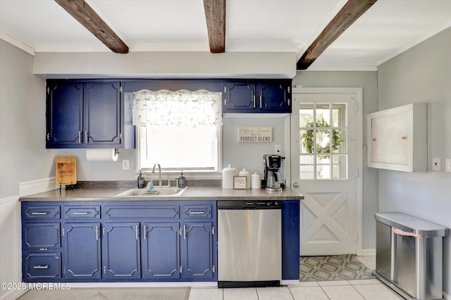 kitchen featuring a sink, stainless steel dishwasher, blue cabinetry, and beam ceiling