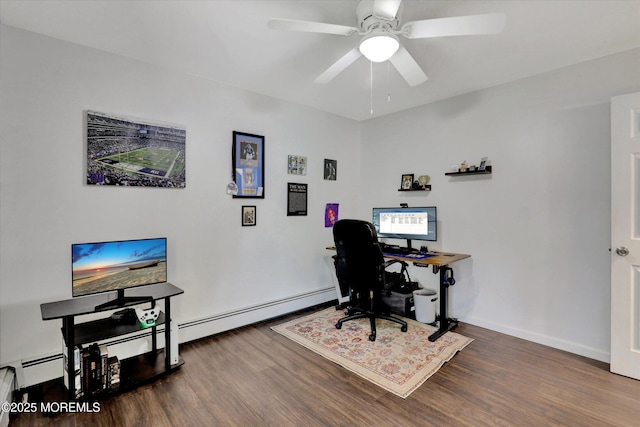 office space featuring baseboards, ceiling fan, and wood finished floors