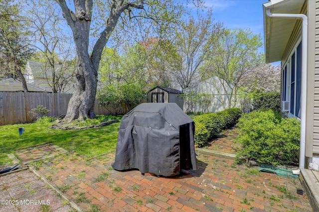 view of yard featuring a patio, an outbuilding, a fenced backyard, and a storage unit