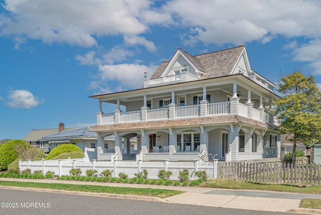26 Bridge, Bay Head, NJ 08742 - view of front facade featuring a porch, a balcony, and a fenced front yard