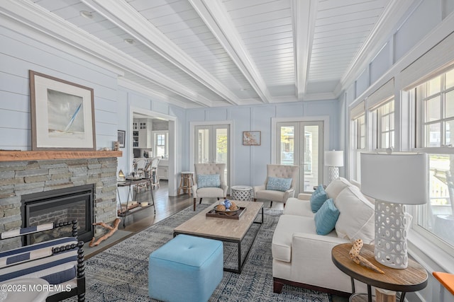 26 Bridge, Bay Head, NJ 08742 - living area featuring beam ceiling, a fireplace, wood finished floors, and french doors