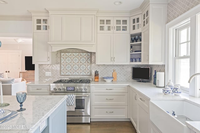 26 Bridge, Bay Head, NJ 08742 - kitchen with high end range, a sink, white cabinetry, light stone counters, and glass insert cabinets