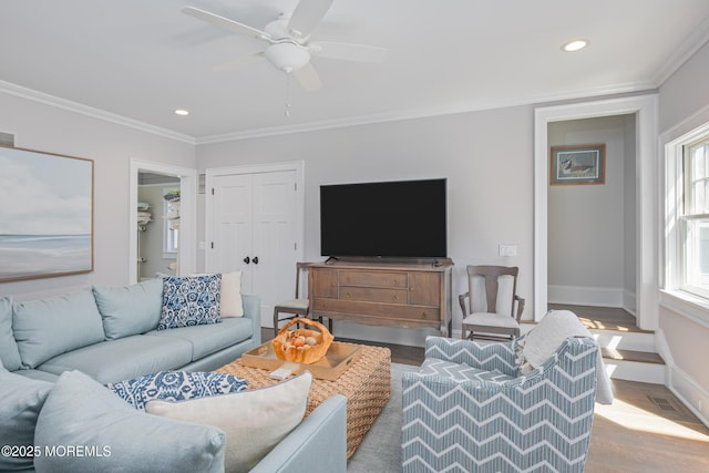 26 Bridge, Bay Head, NJ 08742 - living room with crown molding, wood finished floors, ceiling fan, recessed lighting, and baseboards