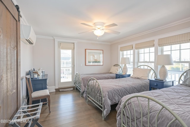26 Bridge, Bay Head, NJ 08742 - bedroom with an AC wall unit, crown molding, wood finished floors, baseboards, and a barn door