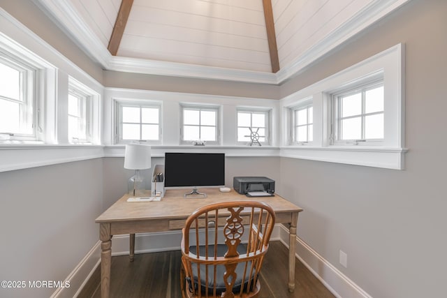 26 Bridge, Bay Head, NJ 08742 - office area with crown molding, baseboards, wood finished floors, and wooden ceiling with exposed beams