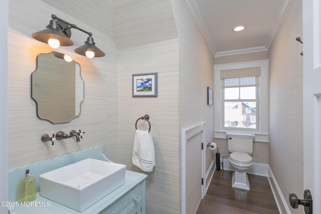 26 Bridge, Bay Head, NJ 08742 - bathroom featuring crown molding, toilet, wood finished floors, vanity, and baseboards