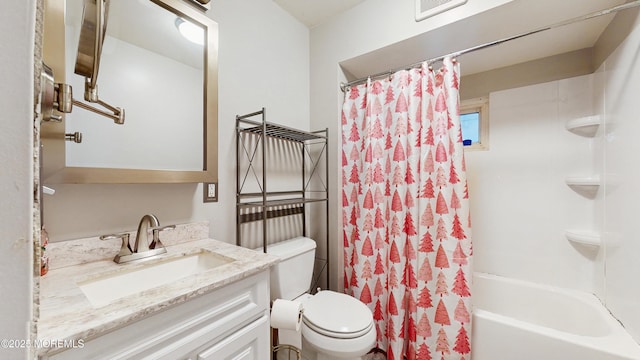 full bath featuring toilet, visible vents, shower / bathtub combination with curtain, and vanity