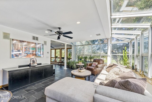 18 Schoolhouse Rd, Cream Ridge, NJ 08514 - living area with visible vents, recessed lighting, ceiling fan, and a sunroom