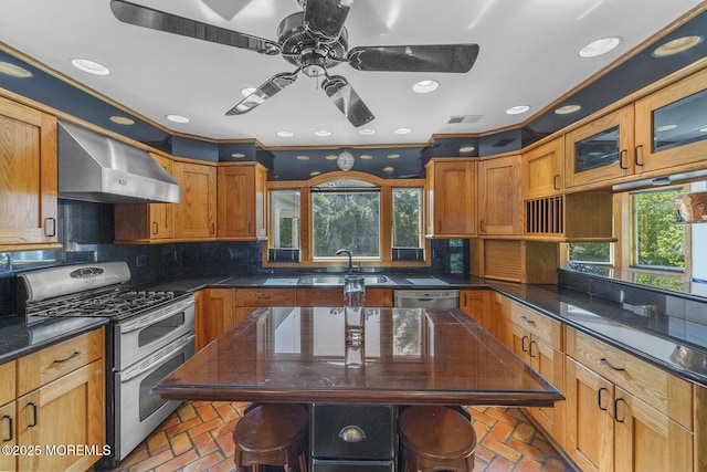 18 Schoolhouse Rd, Cream Ridge, NJ 08514 - kitchen with a ceiling fan, appliances with stainless steel finishes, a sink, brick floor, and wall chimney exhaust hood