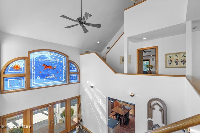18 Schoolhouse Rd, Cream Ridge, NJ 08514 - interior space with a ceiling fan, high vaulted ceiling, recessed lighting, and french doors