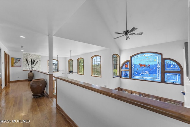 18 Schoolhouse Rd, Cream Ridge, NJ 08514 - corridor with wood finished floors, baseboards, high vaulted ceiling, an upstairs landing, and recessed lighting
