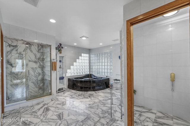 18 Schoolhouse Rd, Cream Ridge, NJ 08514 - bathroom featuring a bath, visible vents, marble finish floor, a marble finish shower, and recessed lighting
