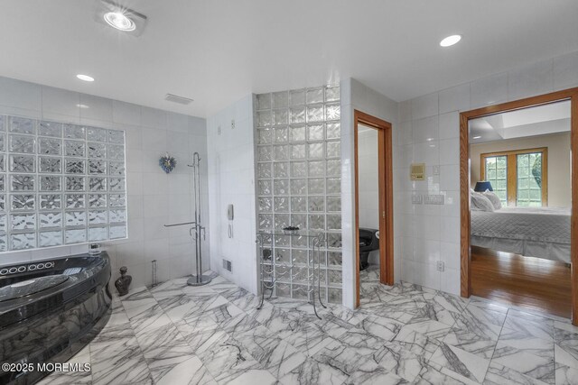 18 Schoolhouse Rd, Cream Ridge, NJ 08514 - full bathroom featuring recessed lighting, tile walls, a shower stall, ensuite bathroom, and a garden tub