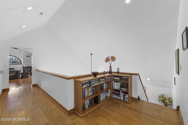 18 Schoolhouse Rd, Cream Ridge, NJ 08514 - hall featuring an upstairs landing, hardwood / wood-style flooring, baseboards, lofted ceiling, and recessed lighting