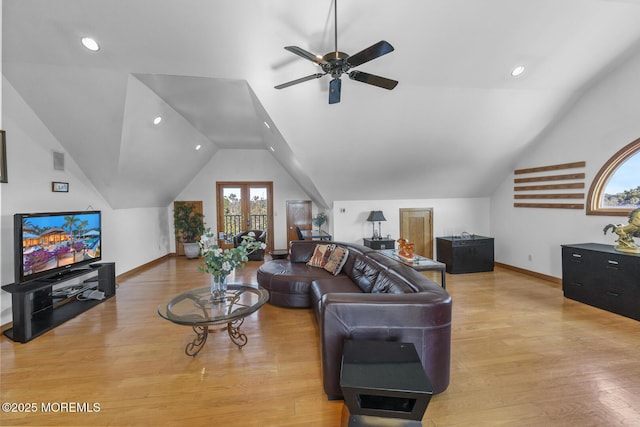 18 Schoolhouse Rd, Cream Ridge, NJ 08514 - living area featuring baseboards, a ceiling fan, vaulted ceiling, and wood finished floors
