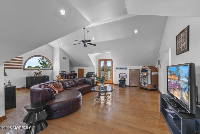 18 Schoolhouse Rd, Cream Ridge, NJ 08514 - living area featuring ceiling fan, plenty of natural light, wood finished floors, and high vaulted ceiling