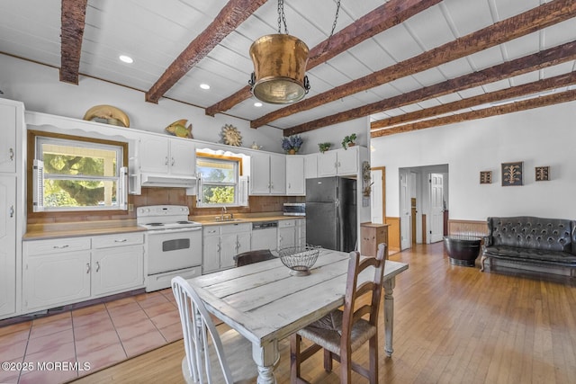 18 Schoolhouse Rd, Cream Ridge, NJ 08514 - kitchen featuring white cabinetry, beam ceiling, and white appliances