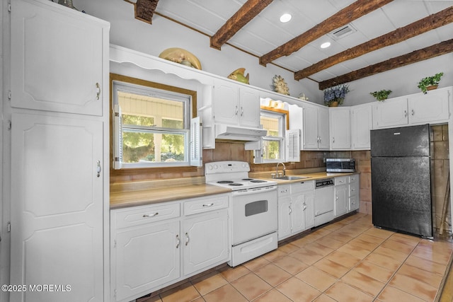 18 Schoolhouse Rd, Cream Ridge, NJ 08514 - kitchen featuring a sink, white cabinets, beamed ceiling, under cabinet range hood, and white appliances