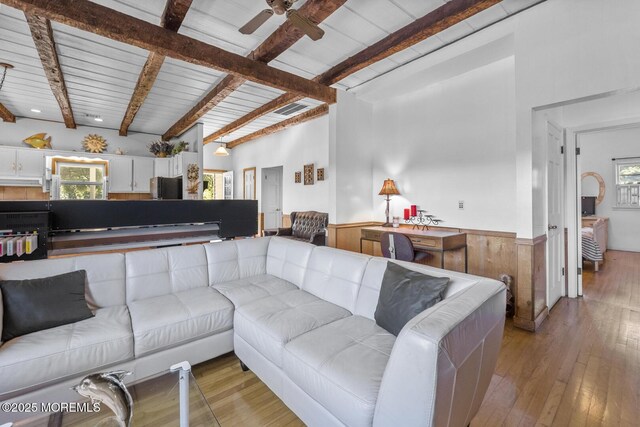 18 Schoolhouse Rd, Cream Ridge, NJ 08514 - living room featuring beamed ceiling, wainscoting, and a wealth of natural light