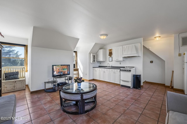 18 Schoolhouse Rd, Cream Ridge, NJ 08514 - kitchen featuring dark countertops, a sink, white cabinets, custom exhaust hood, and white appliances