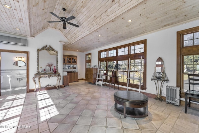 18 Schoolhouse Rd, Cream Ridge, NJ 08514 - sitting room featuring a wall mounted air conditioner, ceiling fan, radiator heating unit, recessed lighting, and wood ceiling