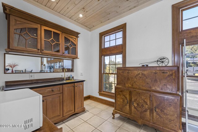 18 Schoolhouse Rd, Cream Ridge, NJ 08514 - bar with wood ceiling, a sink, light tile patterned floors, indoor bar, and recessed lighting