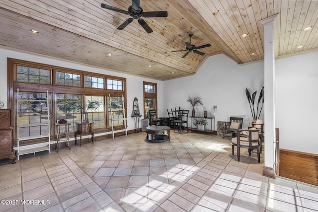 18 Schoolhouse Rd, Cream Ridge, NJ 08514 - sitting room with ceiling fan, vaulted ceiling, wooden ceiling, tile patterned floors, and recessed lighting