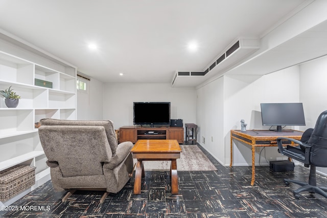 office space featuring dark carpet