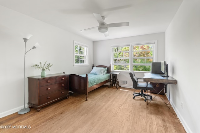 bedroom with visible vents, baseboards, ceiling fan, and light wood-type flooring