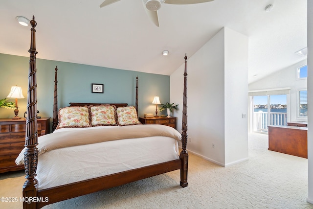 carpeted bedroom featuring baseboards, a ceiling fan, and vaulted ceiling