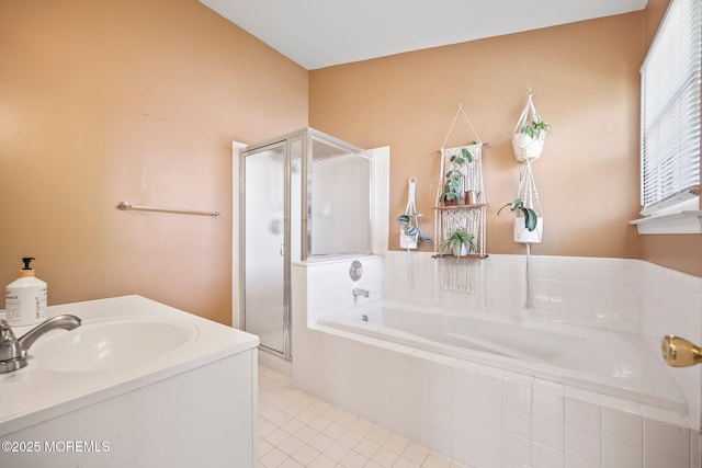 604 Gaitway Ct, Freehold, NJ 07728 - bathroom with a bath, a sink, tile patterned flooring, and a stall shower