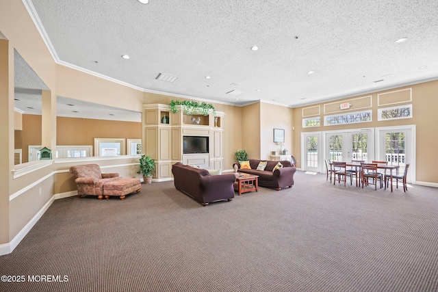 604 Gaitway Ct, Freehold, NJ 07728 - carpeted living area with a textured ceiling, recessed lighting, baseboards, visible vents, and ornamental molding