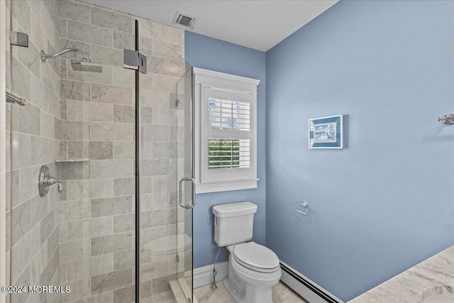 bathroom with visible vents, a stall shower, baseboards, a baseboard radiator, and toilet
