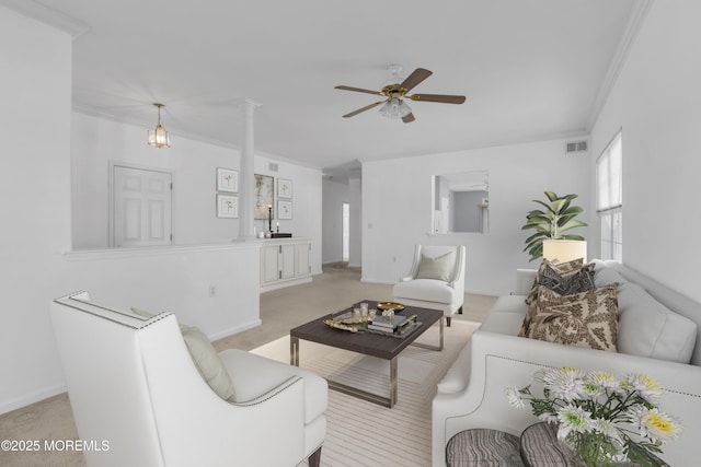 21 Edgeworth Cir, Manchester, NJ 08759 - living room featuring visible vents, a ceiling fan, light carpet, and ornamental molding