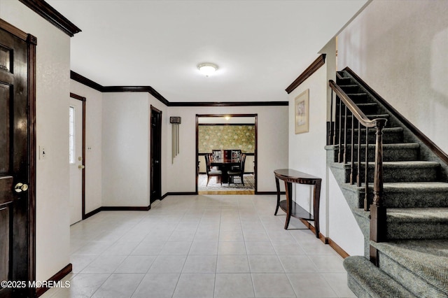 9 Berkshire Ct, Holmdel, NJ 07733 - entryway featuring stairway, light tile patterned floors, ornamental molding, and baseboards