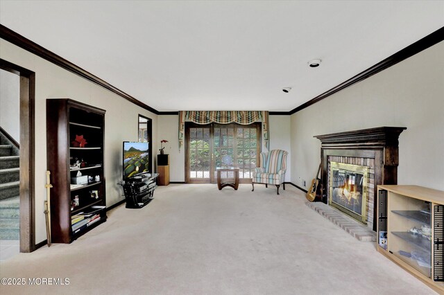 9 Berkshire Ct, Holmdel, NJ 07733 - living area featuring ornamental molding, carpet, a fireplace, stairway, and baseboards