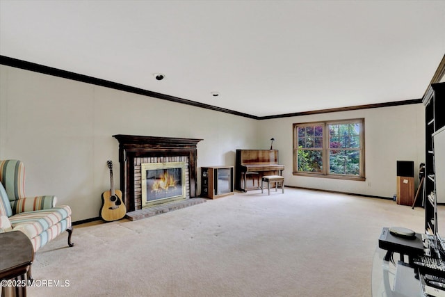 9 Berkshire Ct, Holmdel, NJ 07733 - living room with carpet flooring, ornamental molding, a brick fireplace, and baseboards