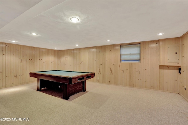 9 Berkshire Ct, Holmdel, NJ 07733 - rec room with electric panel, recessed lighting, pool table, carpet flooring, and wood walls