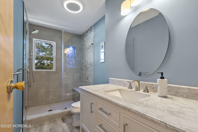 full bathroom with vanity, wood finished floors, toilet, and a shower stall