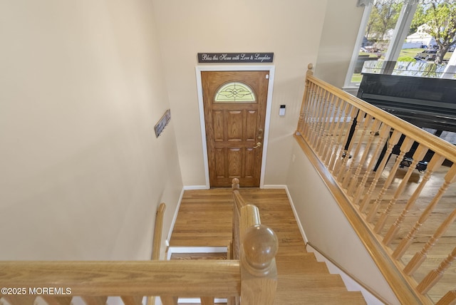 foyer featuring baseboards, wood finished floors, and a towering ceiling