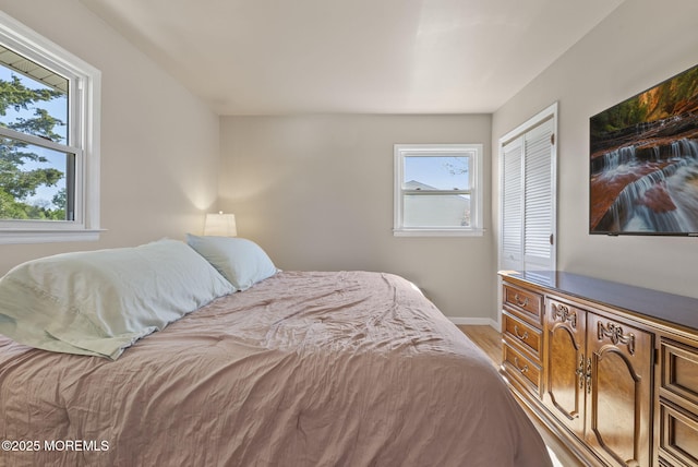 bedroom featuring baseboards, wood finished floors, and a closet