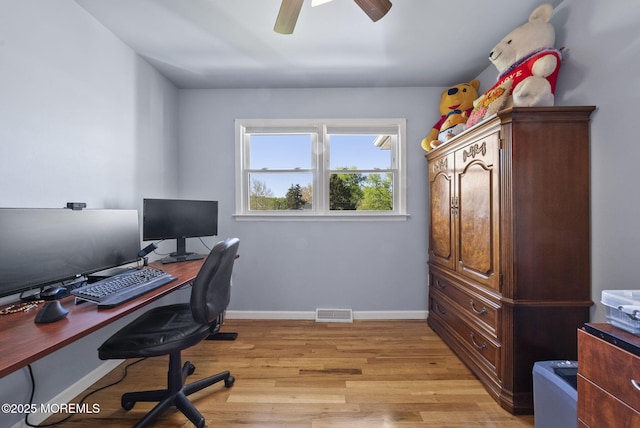 home office with a ceiling fan, baseboards, visible vents, and light wood-type flooring