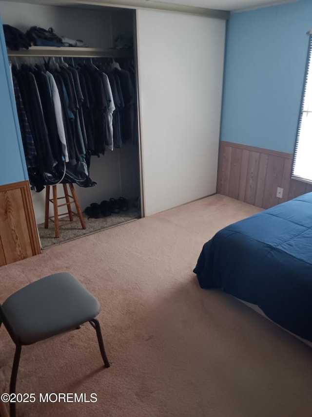carpeted bedroom featuring a closet, wood walls, and a wainscoted wall