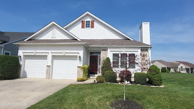 8 Eagleswood Dr, Waretown, NJ 08758 - view of front of property featuring a garage, a front yard, roof with shingles, a chimney, and driveway